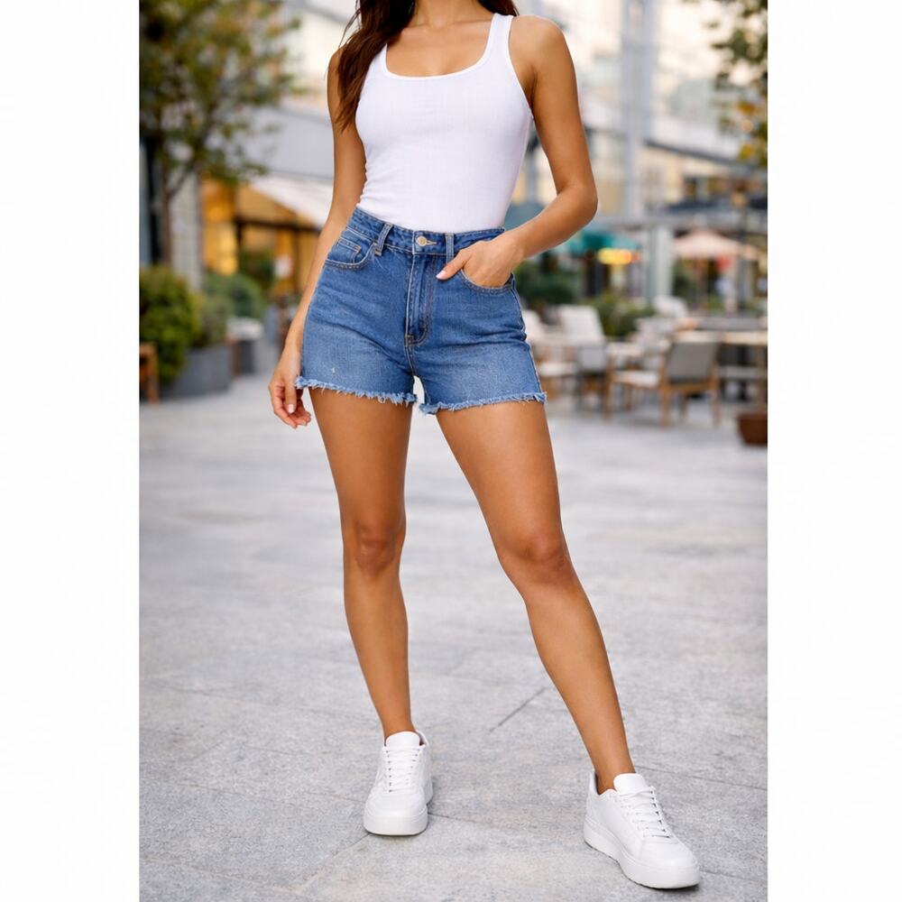 Good American Denim Shorts Blue High Rise WMNS 14/32 Cut Off Raw Hem Festival